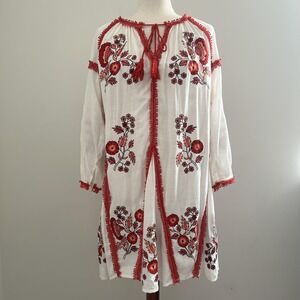 Ranna Gill Dress Womens XS White Red Embroidered Floral Boho Tassel Trim